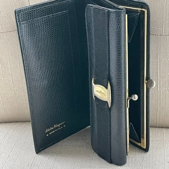 Salvatore Ferragamo Women Long Wallet Crocodile Leather Trifold Kisslock Italy - Picture 8 of 12